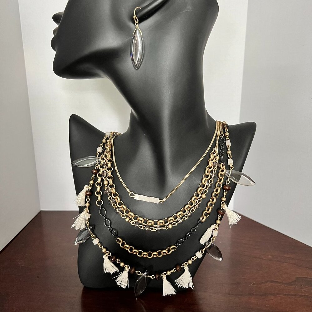Gold & Black Mixed Metal & White Tassel Statement Necklace & Earring Set NEW!